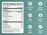 Sea moss gel nutrition facts panel with gluten free, vegan, and non-GMO icons
