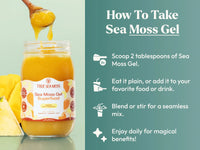 How to take sea moss gel instructions with jar, spoon, and fruit visuals