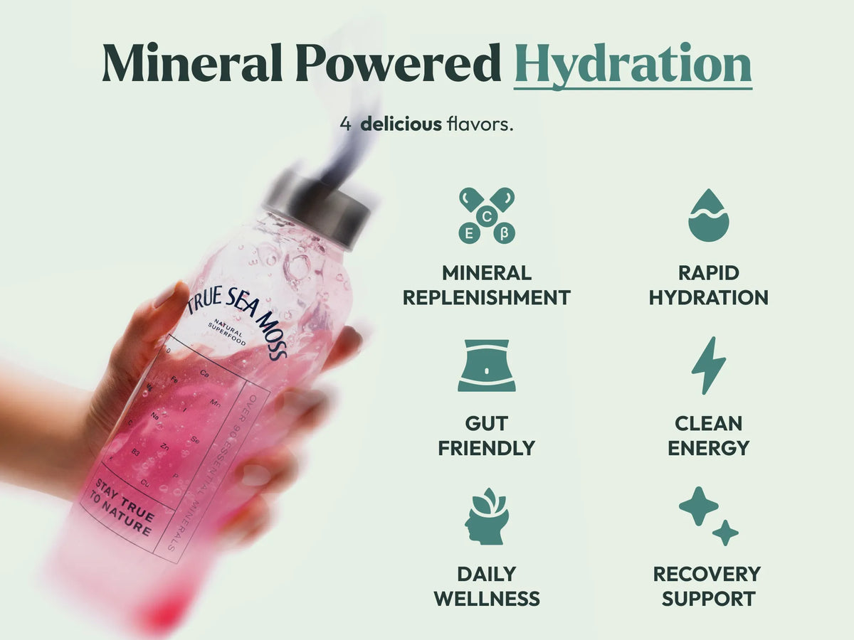 True Sea Moss electrolytes hydration drink showing mineral replenishment rapid hydration and clean energy benefits
