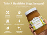 Hand holding apple cinnamon sea moss gel jar with health benefits icons