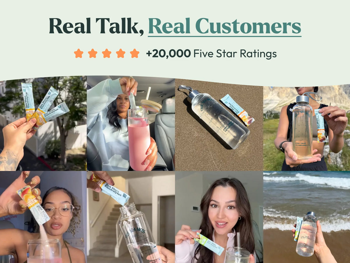 Real customers using True Sea Moss electrolytes hydration powder with water bottles and drinks showing five star reviews
