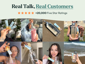 Real customers using True Sea Moss electrolytes hydration powder with water bottles and drinks showing five star reviews
