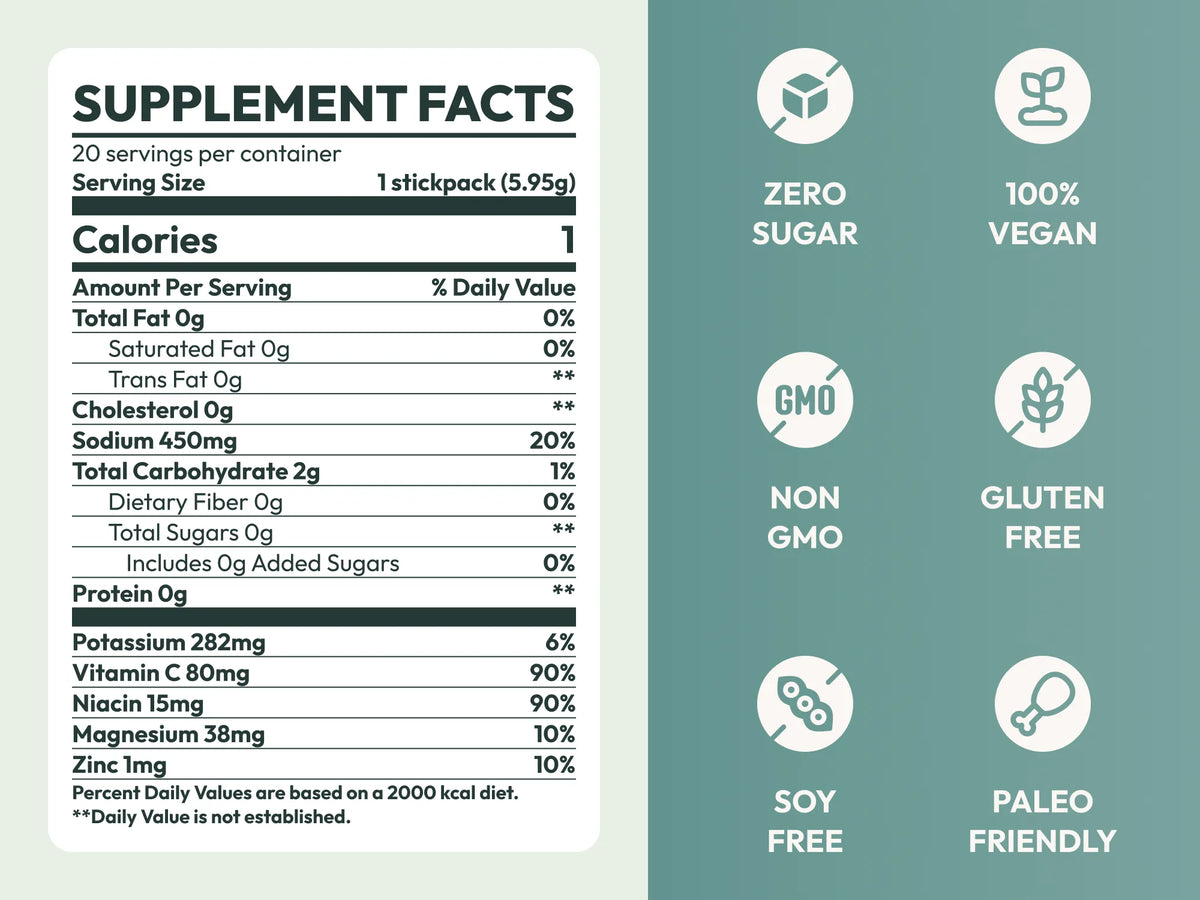 True Sea Moss electrolytes supplement facts showing minerals vitamins and zero sugar vegan hydration powder
