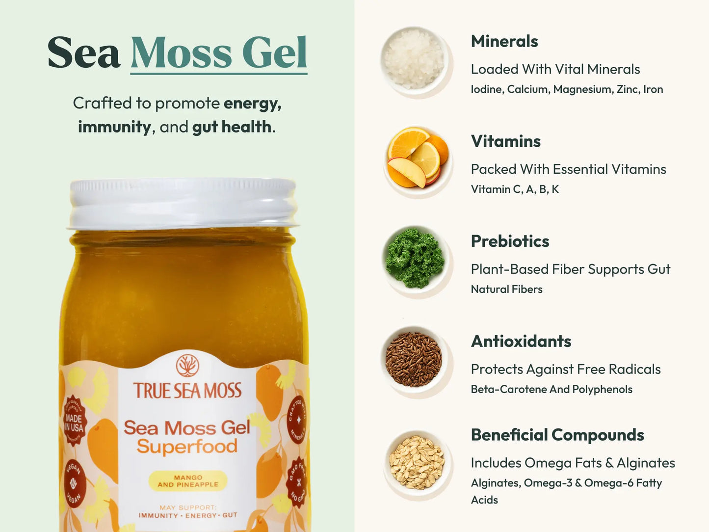 Mango pineapple sea moss gel jar with list of minerals, vitamins, and antioxidants