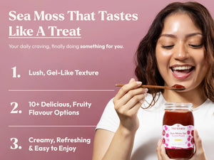 Woman smiling while eating cherry sea moss gel with spoon from jar