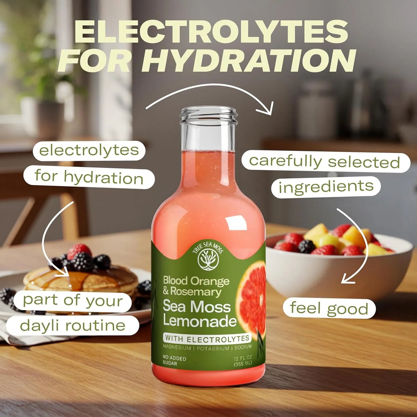 Lemonade - Blood Orange + Rosemary -  Hydration Drink – 4 × 12 fl oz Bottles – Made in USA from globally sourced ingredients