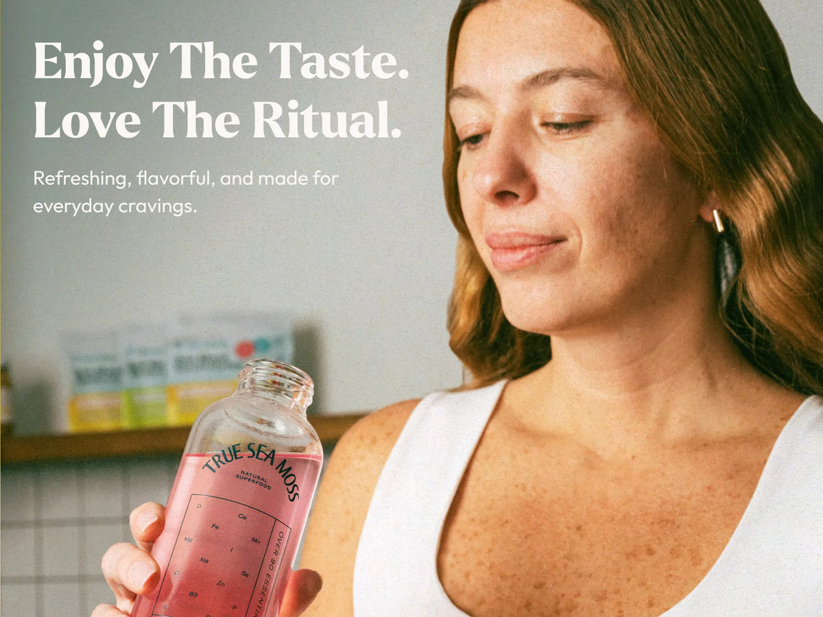 Woman holding True Sea Moss electrolytes hydration drink showing refreshing mineral drink made with sea moss
