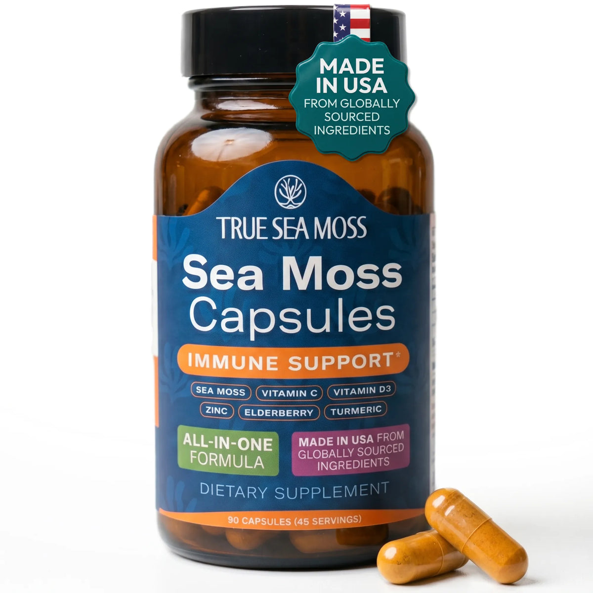 TrueSeaMoss Sea Moss Capsules – Immune Support – Sea Moss, Vitamin C, D3, Elderberry, Zinc, Turmeric, Astragalus – 90 Capsules (45 Servings)