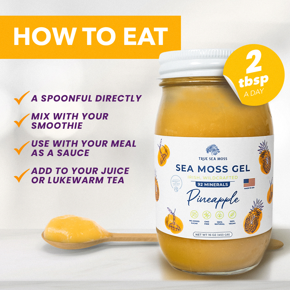 True Sea Moss pineapple gel showcasing versatile consumption methods: gobble a spoonful directly, blend it into your morning smoothie, drizzle it as a sauce for meals, or stir into juice or warm tea. Recommended dose: 2 tbsp a 