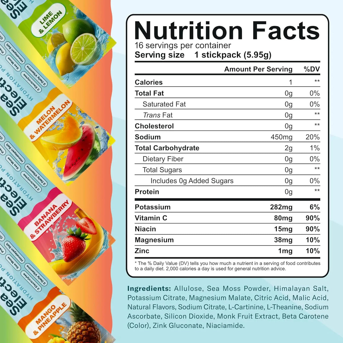 TrueSeaMoss Electrolytes Powder Packets – Made in USA from globally sourced ingredients – 16 Stickpacks – Hydration Powder with Sea Moss with Potassium – No Sugar Drinks – Variety Pack