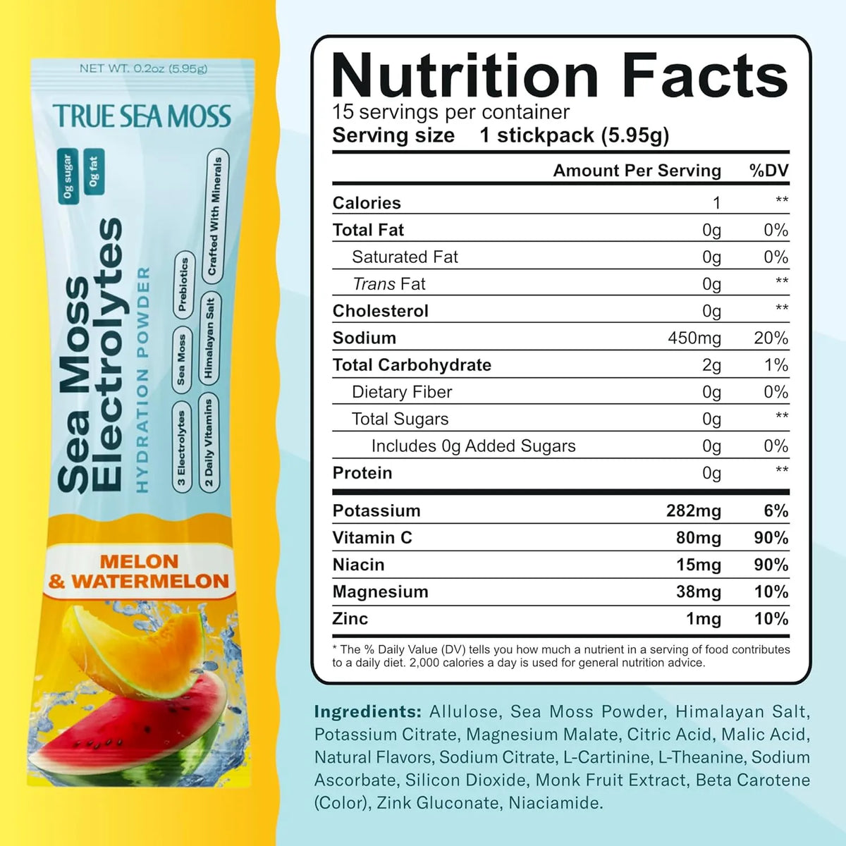 TrueSeaMoss Electrolytes Powder Packets – Made in USA from globally sourced ingredients – 15 Stickpacks – Hydration Powder with Sea Moss with Potassium – No Sugar Drinks – Melon & Watermelon