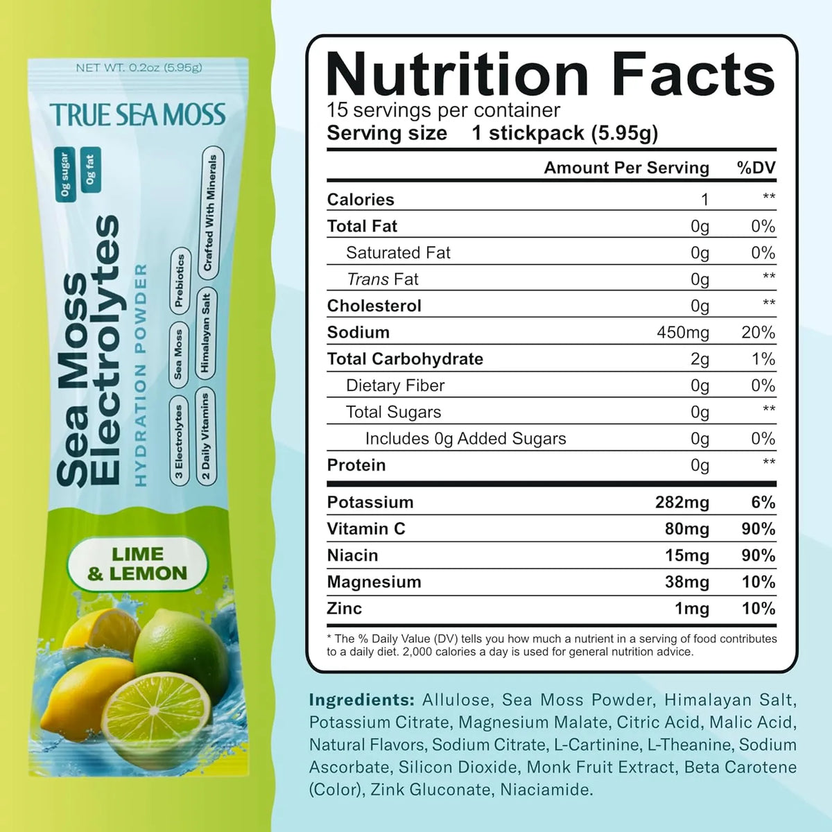 TrueSeaMoss Electrolytes Powder Packets – Made in USA from globally sourced ingredients – 15 Stickpacks – Hydration Powder with Sea Moss with Potassium – No Sugar Drinks – Lime & Lemon