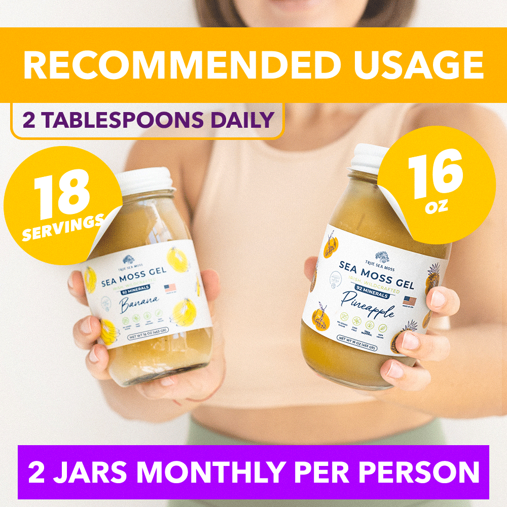 True Sea Moss gel in banana and pineapple flavors, both 16 oz each. The guide recommends 2 tablespoons daily, totaling 18 servings per jar. For consistent health benefits, you'll want 2 jars a month per person